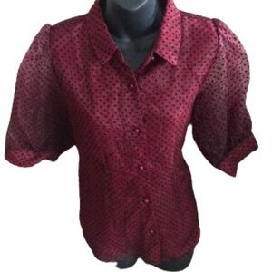 Haute Monde deep maroon polka dot see through button down top size XL